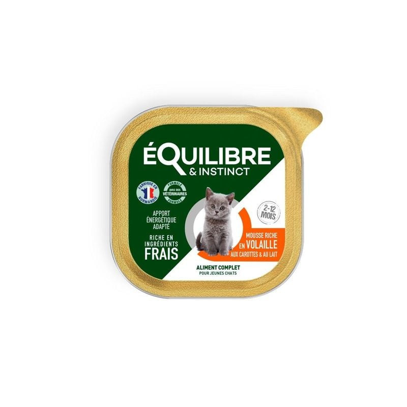 Barquette Équilibre Instinct mousse chaton vert et or, avec image chaton gris, riche en volaille fra