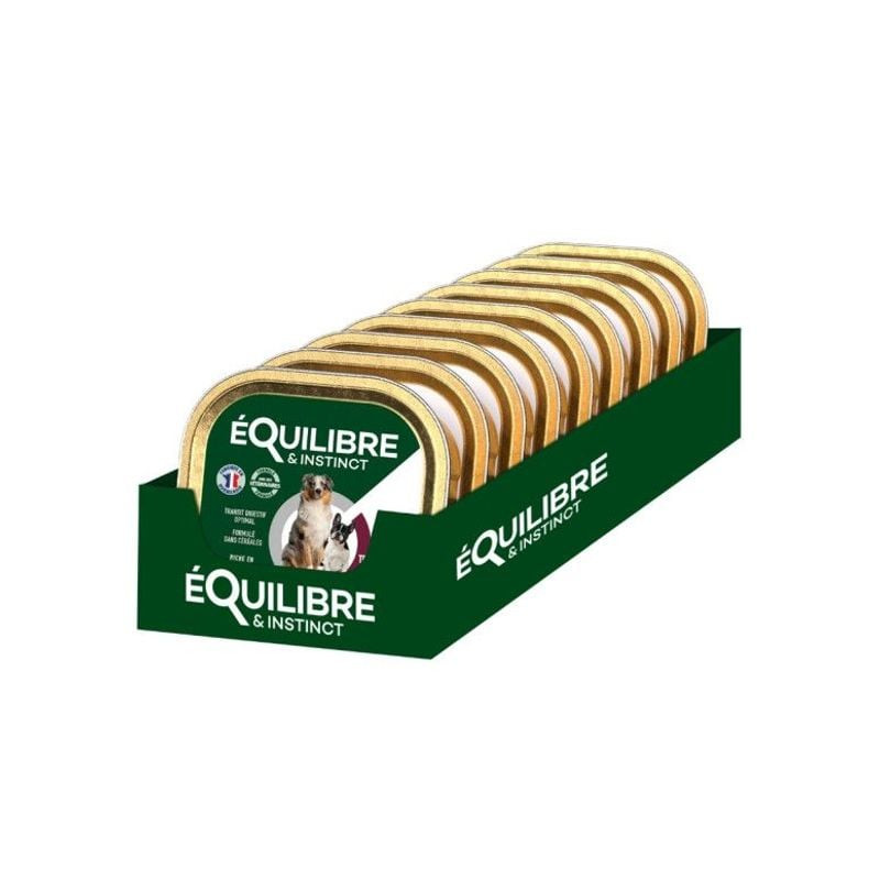 Présentation de plusieurs barquettes Équilibre Instinct 1143620 300g dans porte-barquettes vert, ave