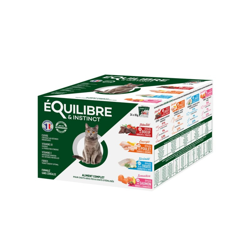 Boîte multipack Équilibre & Instinct 1143542 : 24 sachets 85g sans céréales pour chat stérilisé, 4 s
