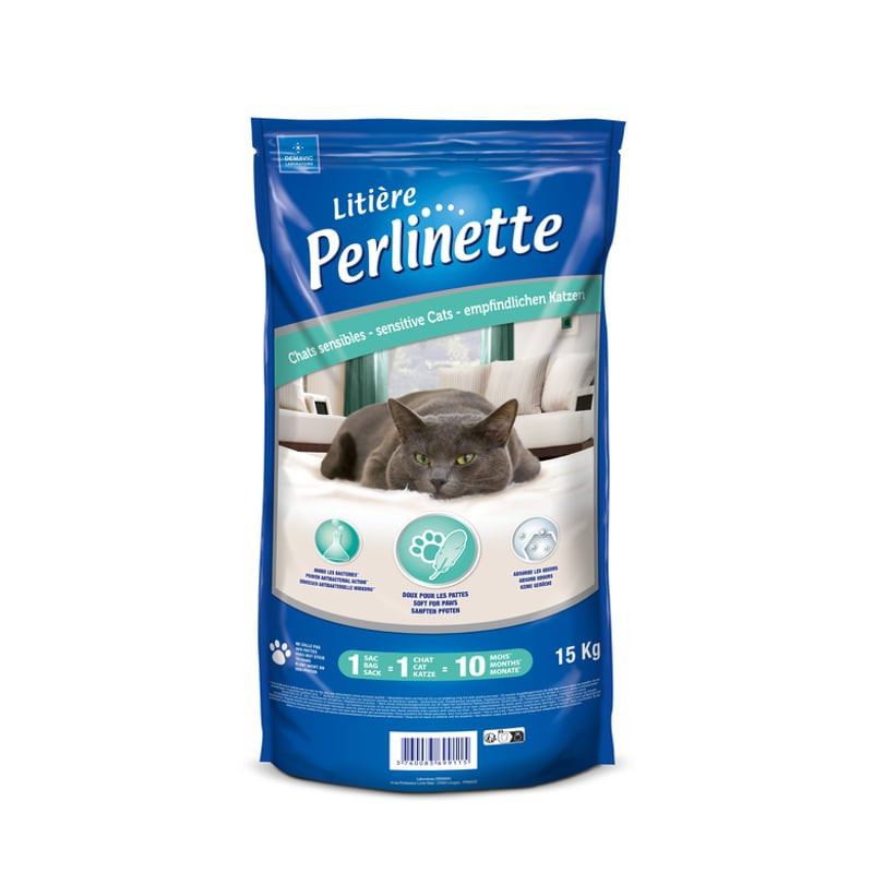 Litière silice Perlinette pour chats sensibles 15 kg, vue avant et arrière montrant emballage bleu, 