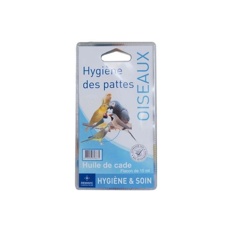 Huile de cade DEMAVIC 15ml avec pinceau applicateur pour soin des pattes d'oiseaux, vue latérale mon