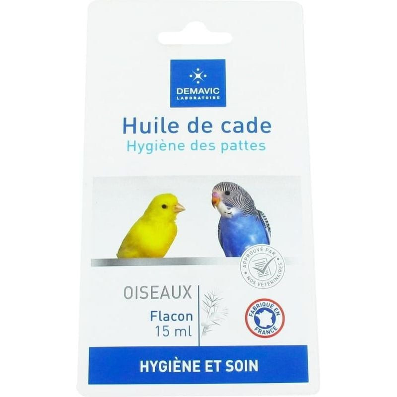 Flacon DEMAVIC huile de cade 15ml avec pinceau applicateur, soin pattes oiseaux, vue de face.
