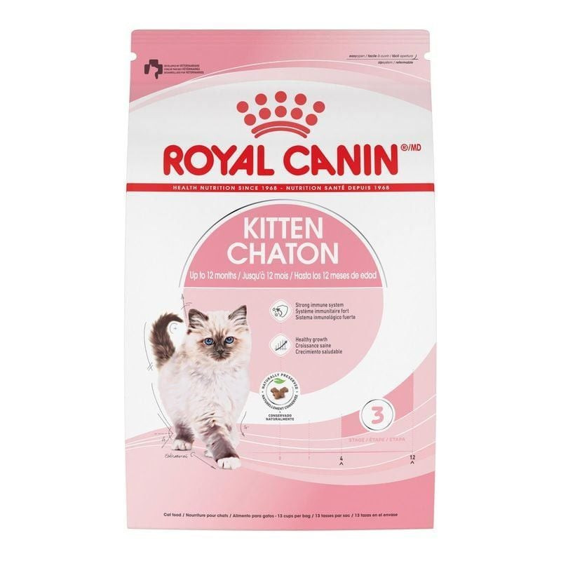 Sac de croquettes pour chaton Royal Canin Kitten vu de face, avec illustration de chaton et bienfait