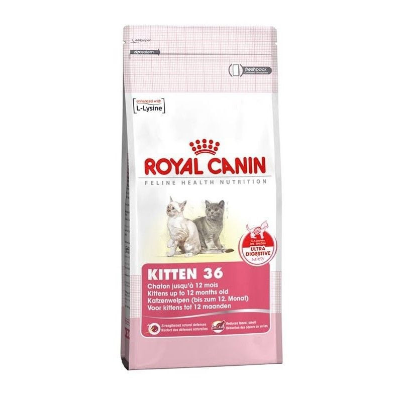 Vue arrière du sachet de croquettes Royal Canin Kitten, avec les recommandations d'alimentation et l