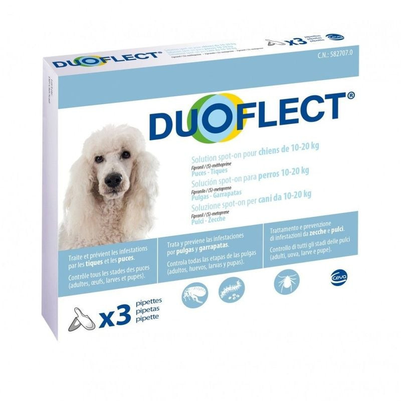 Vue de face de la boîte de pipettes Duoflect pour chiens 10-20 kg, indiquant la marque et le dosage.