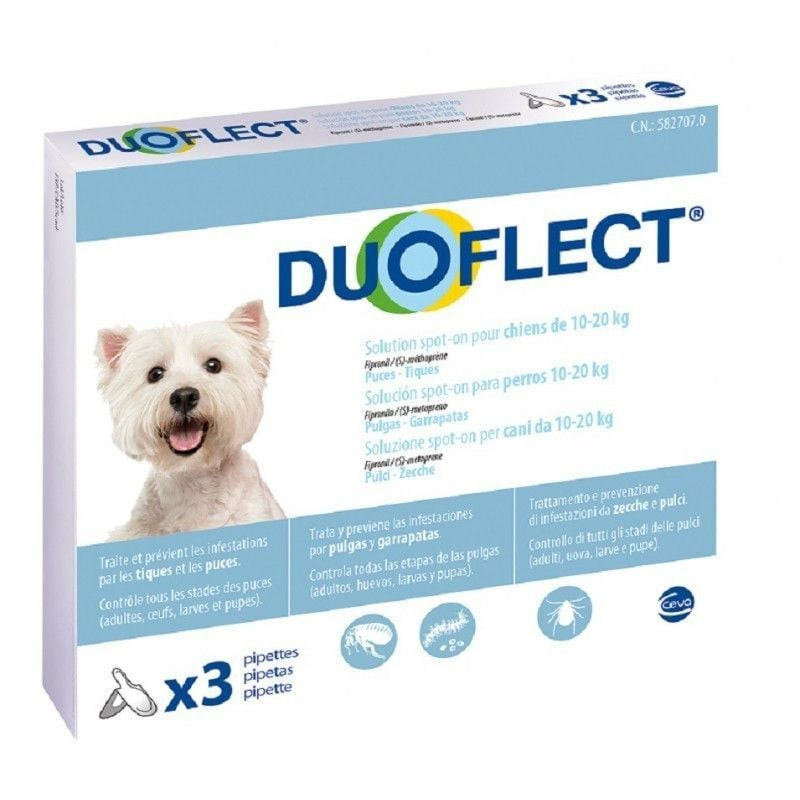 Verso du packshot de Duoflect spot-on pour chiens 10-20 kg, affichant les ingrédients, les instructi