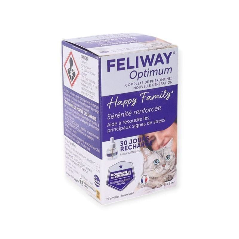 Vue de face de la boîte de recharge Feliway Optimum 48 ml avec phéromones apaisantes pour chats.