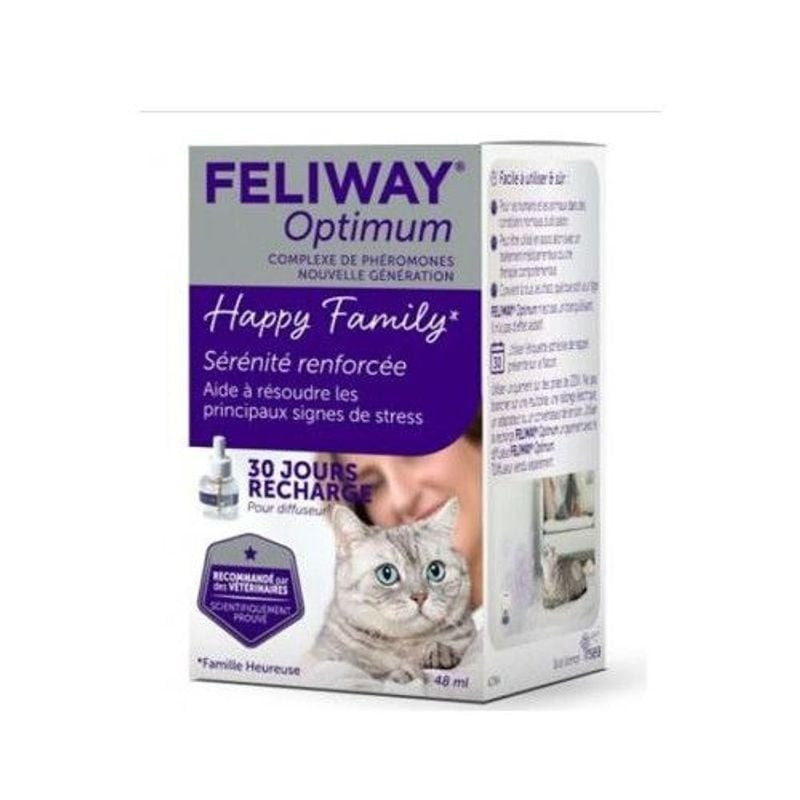 Gros plan sur la recharge de phéromones Feliway Optimum 48 ml pour diffuseur pour chat.