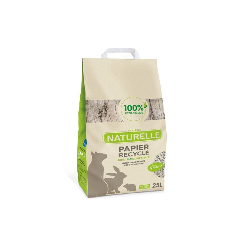 Packshot de la litière DEMAVIC Perlinette 25L en papier recyclé, écologique et hypoallergénique.