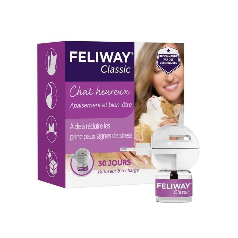Kit diffuseur FELIWAY Classic 48 ml, angle latéral montrant la recharge et le design du diffuseur.