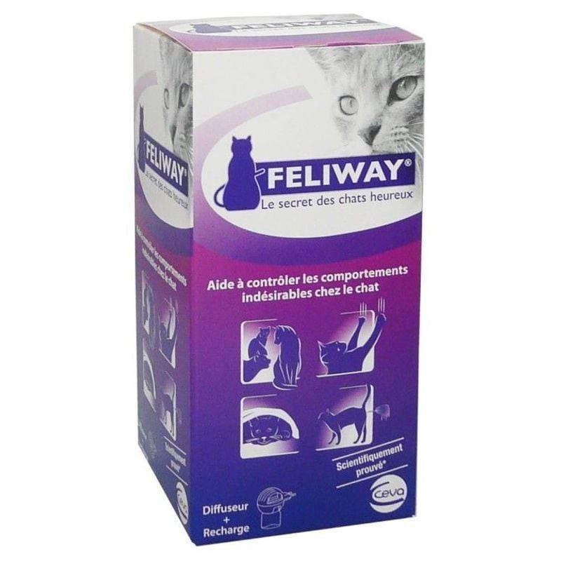 Kit diffuseur apaisant FELIWAY Classic 48ml, photo de l'emballage avec les points forts du produit.