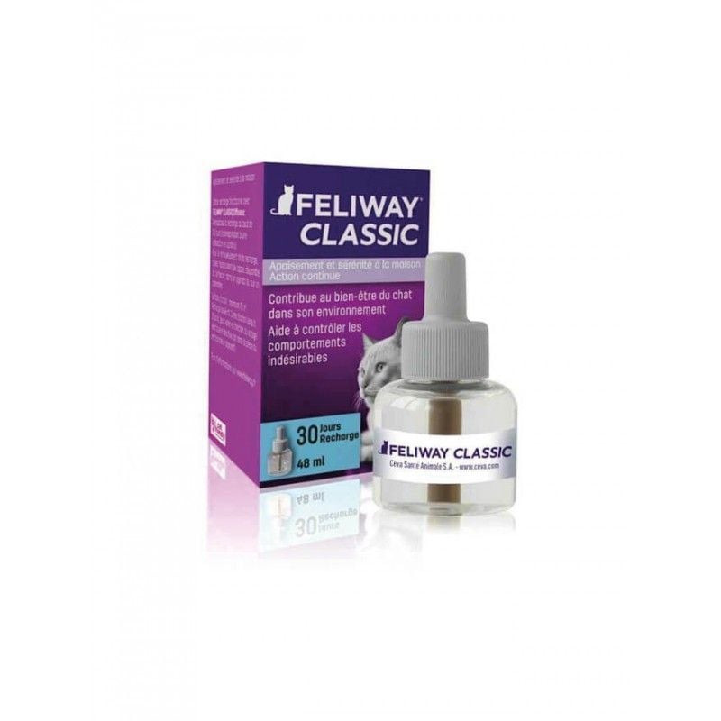 Recharge FELIWAY Classic 48ml vue sous un autre angle montrant le flacon et les informations sur l'é