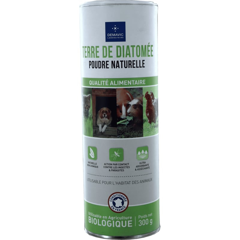 Packshot de la poudre de terre de diatomée 100% naturelle DEMAVIC Sanitomée 300g pour l'hygiène des 