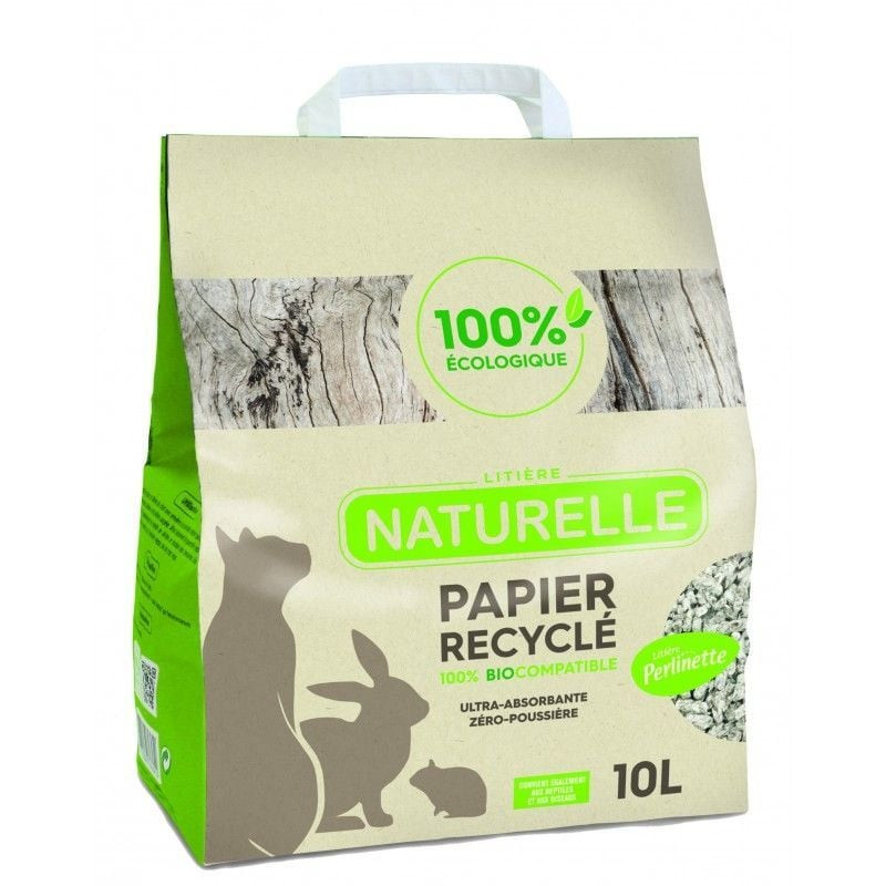 Packshot de la Litière papier Demavic 10l pour rongeurs et NAC, un sac blanc avec logo DEMAVIC.