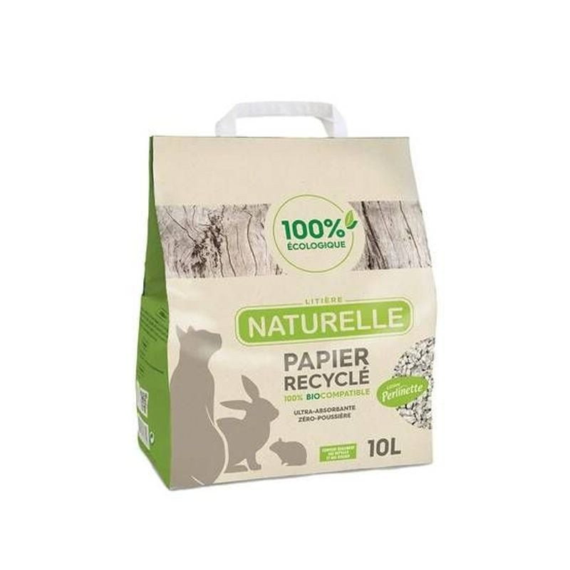 Packshot de la litière végétale naturelle DEMAVIC Perlinette en papier recyclé, avec illustration de