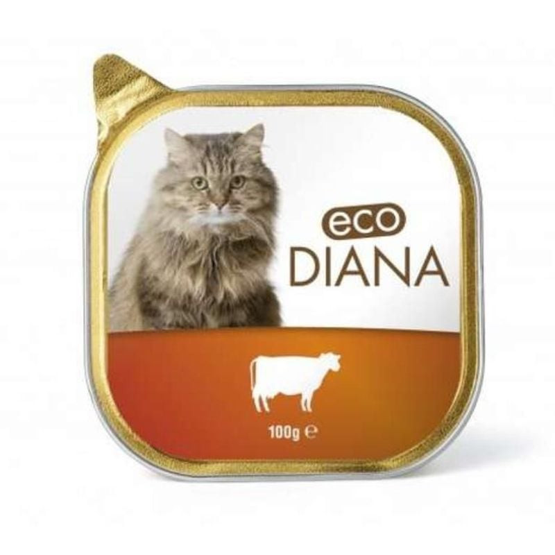 Packshot de la pâtée pour chat au bœuf Eco Diana en barquette 100g, montrant l'emballage.