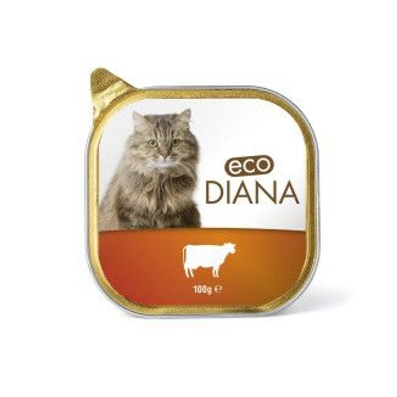 Packshot de Diana pâtée pour chat adulte bœuf 100g, barquette individuelle de nourriture humide pour