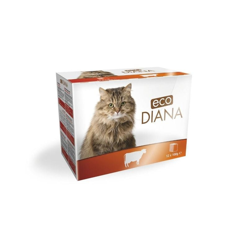 Diana 1922125 pack de 12 pochons frais de pâtée complète pour chat au bœuf en sauce, 100g chacun