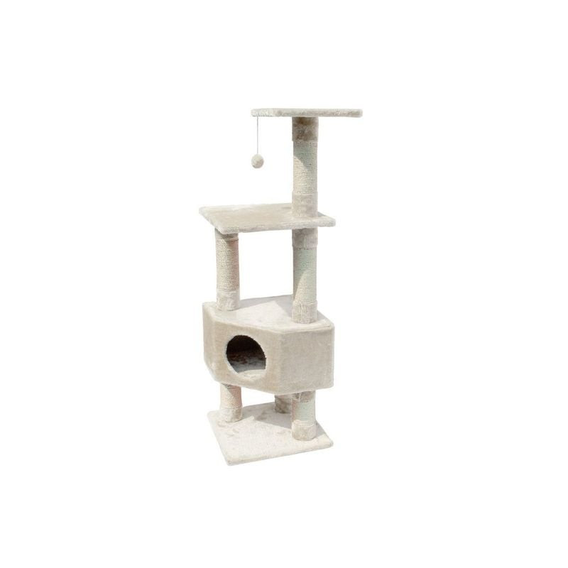 Vue latérale de l'arbre à chat EBI EUROPET Loona crème montrant les plateformes, les poteaux en sisa