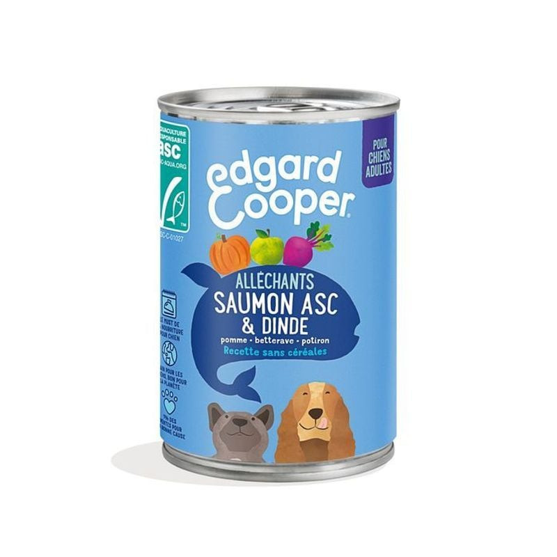 Edgard & Cooper 1963839 aliment humide complet pour chien adulte avec saumon et dinde en boîte.
