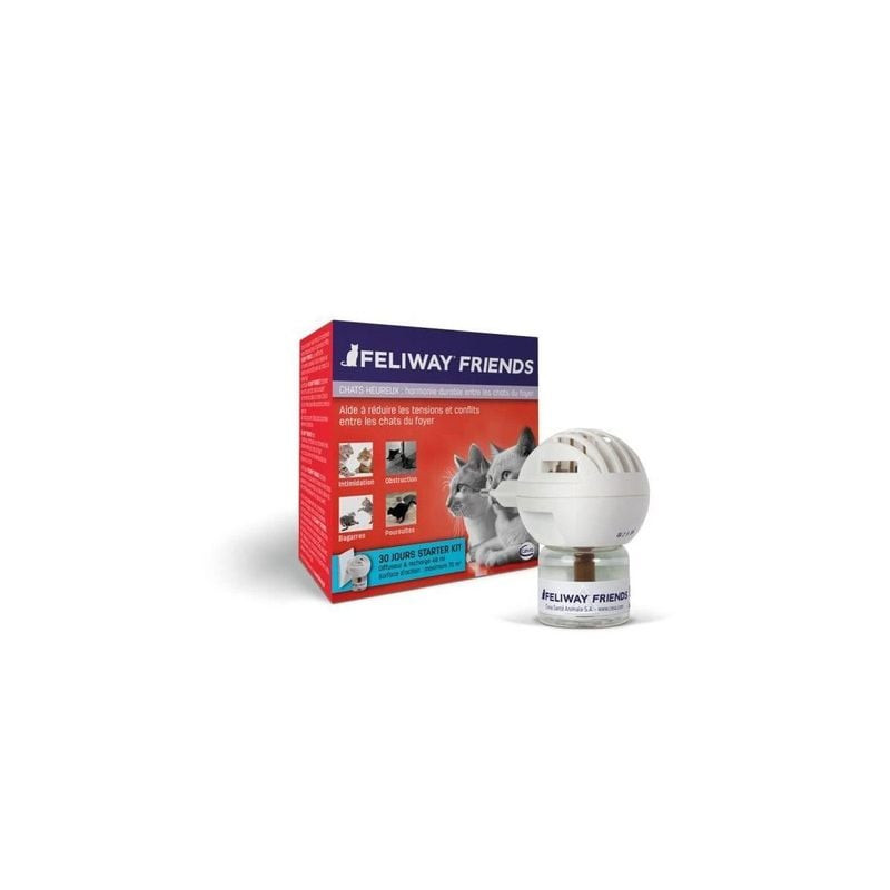 Kit diffuseur FELIWAY Friends en packshot montrant le diffuseur branché sur une prise murale avec un