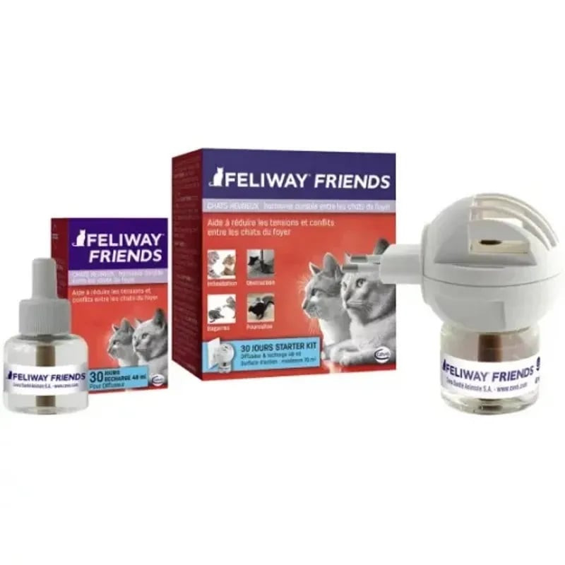 Plan rapproché du diffuseur FELIWAY Friends avec recharge et emballage sur fond blanc.