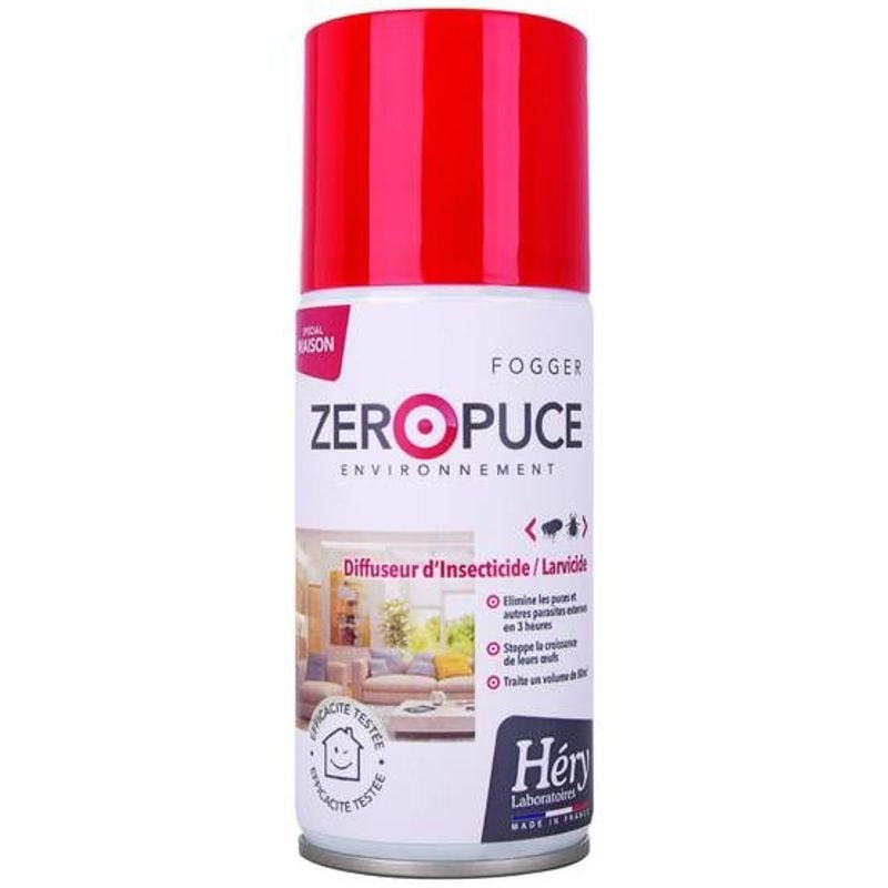 Packshot de l'aérosol insecticide Héry Fogger Zéro Puces 1964160, 150 ml, avec étiquette bleue et bl