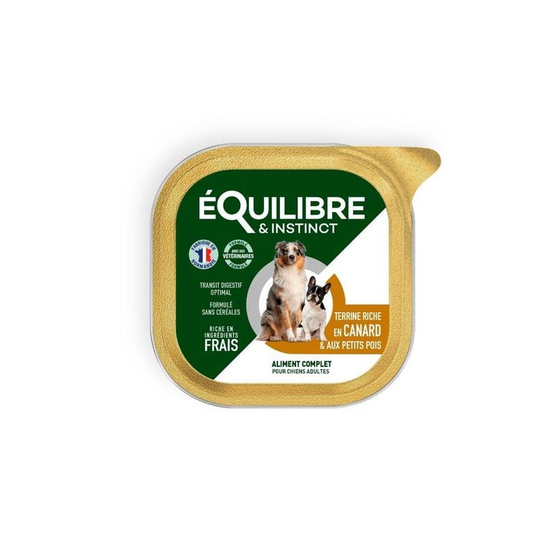 Packshot de la terrine Equilibre Instinct pour chien adulte riche en canard, 300g.