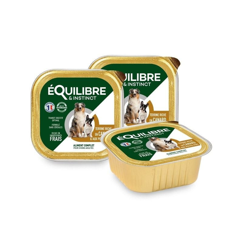 Packshot en angle de la terrine canard et petits pois Equilibre & Instinct 1963917, liste d'ingrédie