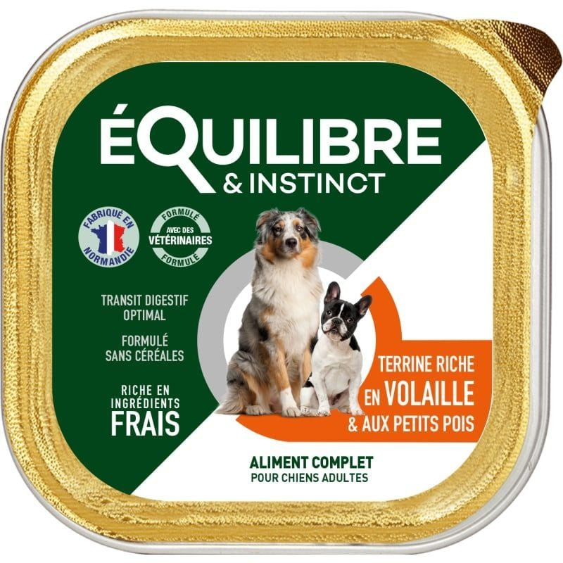 Packshot de la pâtée pour chien Equilibre & Instinct à la volaille et aux petits pois en barquette d