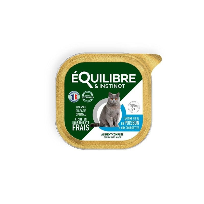 Packshot de la terrine 1963915 Équilibre Instinct pour chat âgé au saumon et courgette, étiquette av
