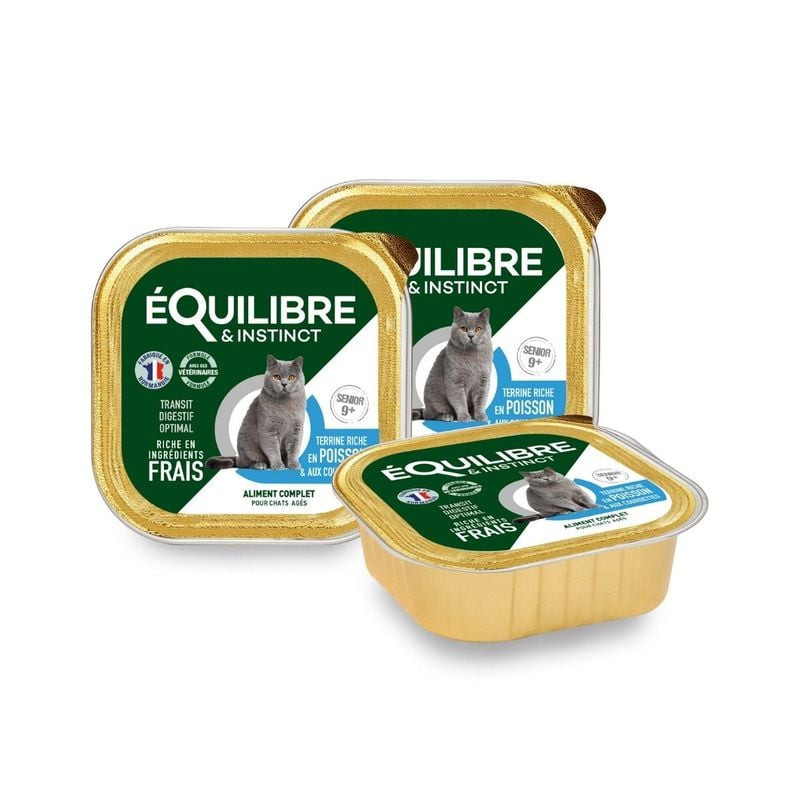 Troisième packshot de la terrine pour chat âgé Équilibre & Instinct, design d'emballage.