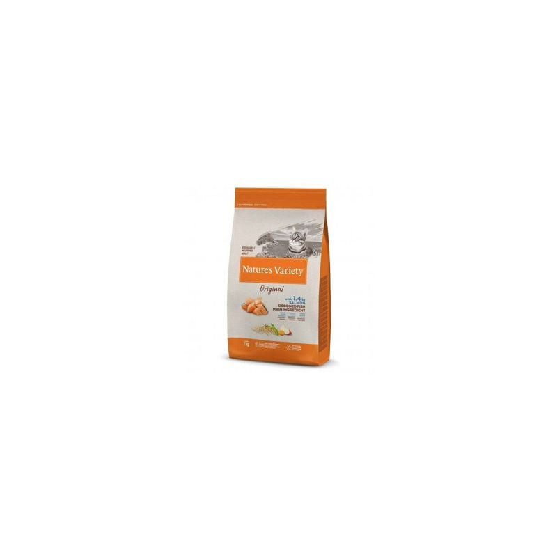 Vue arrière du sac de croquettes Nature's Variety stérilisé saumon, avec liste d'ingrédients et guid