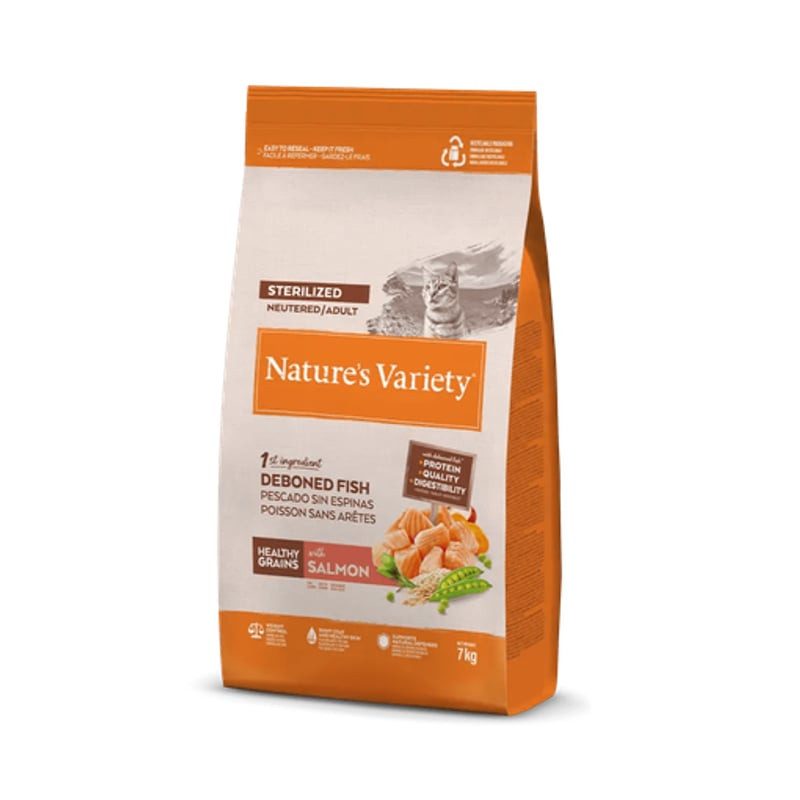 Vue de face du sac de croquettes Nature's Variety Healthy Grains stérilisé saumon, recette au saumon