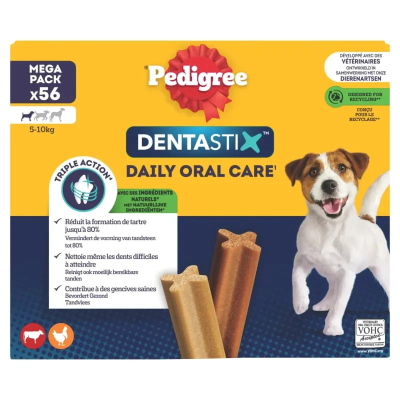 Packshot des Pedigree Dentastix pour petits chiens, montrant les bâtonnets dentaires en forme de X d