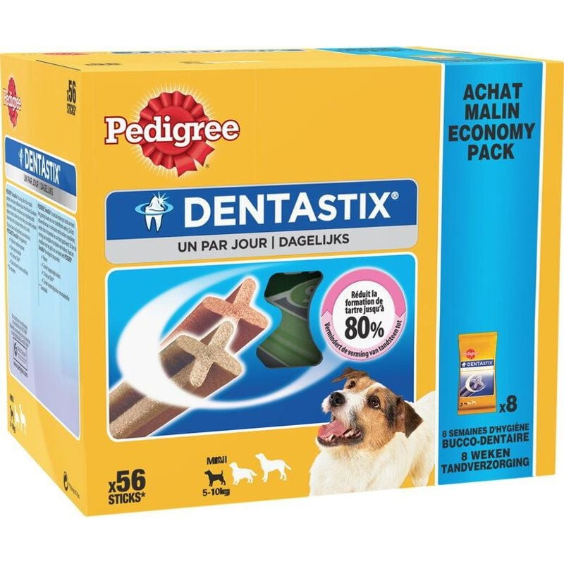 Image d'ambiance montrant une main tenant un bâtonnet Pedigree Dentastix, mettant en valeur sa forme