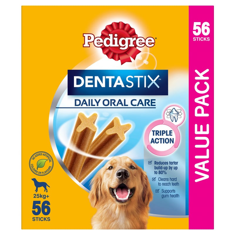 Vue latérale de l'emballage Pedigree Dentastix Grand chien montrant les avantages et les ingrédients