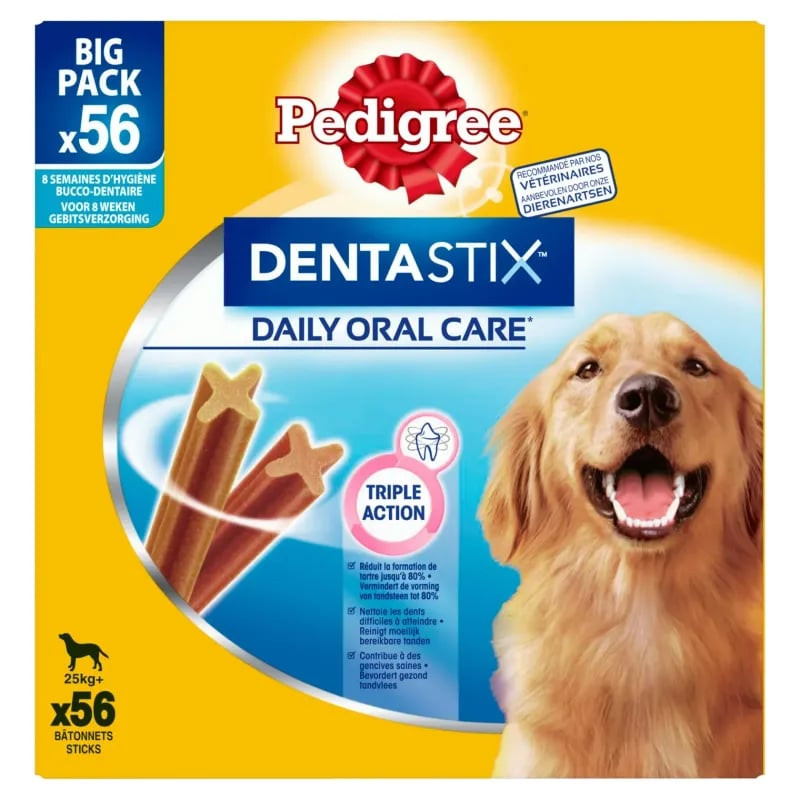 Pedigree Dentastix Grand format, bâtonnets dentaires partiellement visibles révélant la forme en X.