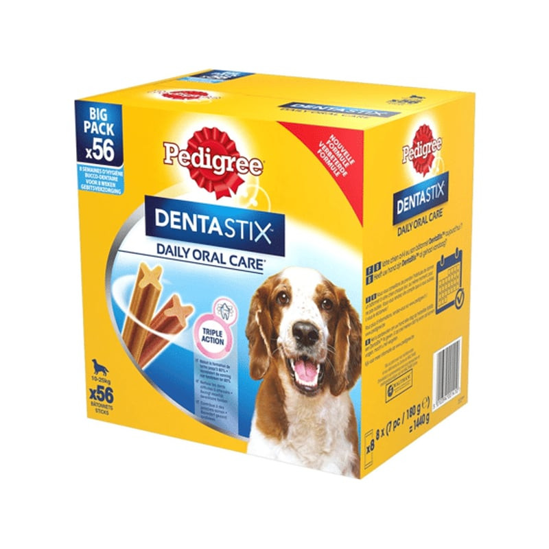 Packshot des bâtonnets Pedigree Dentastix pour chiens moyens, montrant les bâtonnets en forme de X d