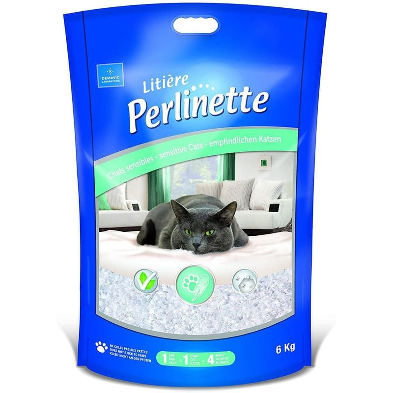 Packshot du sac de 6 kg de litière silice Perlinette ultra-fine pour chat sensible, avec cristaux fi