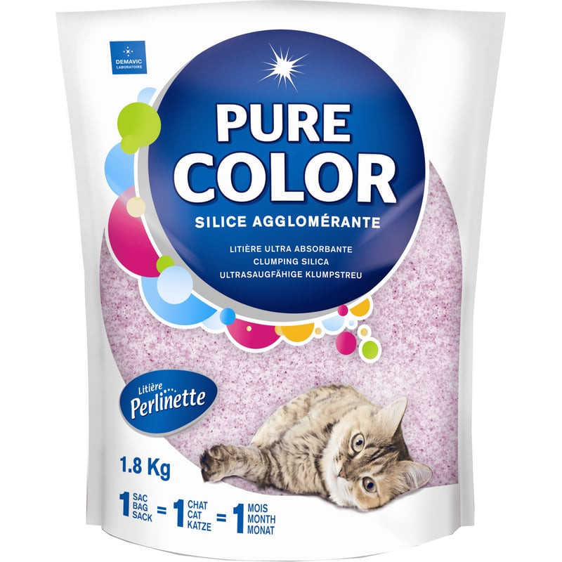 Packshot du sac de litière Perlinette Silice PureColor Violette, avec des cristaux de silice violett