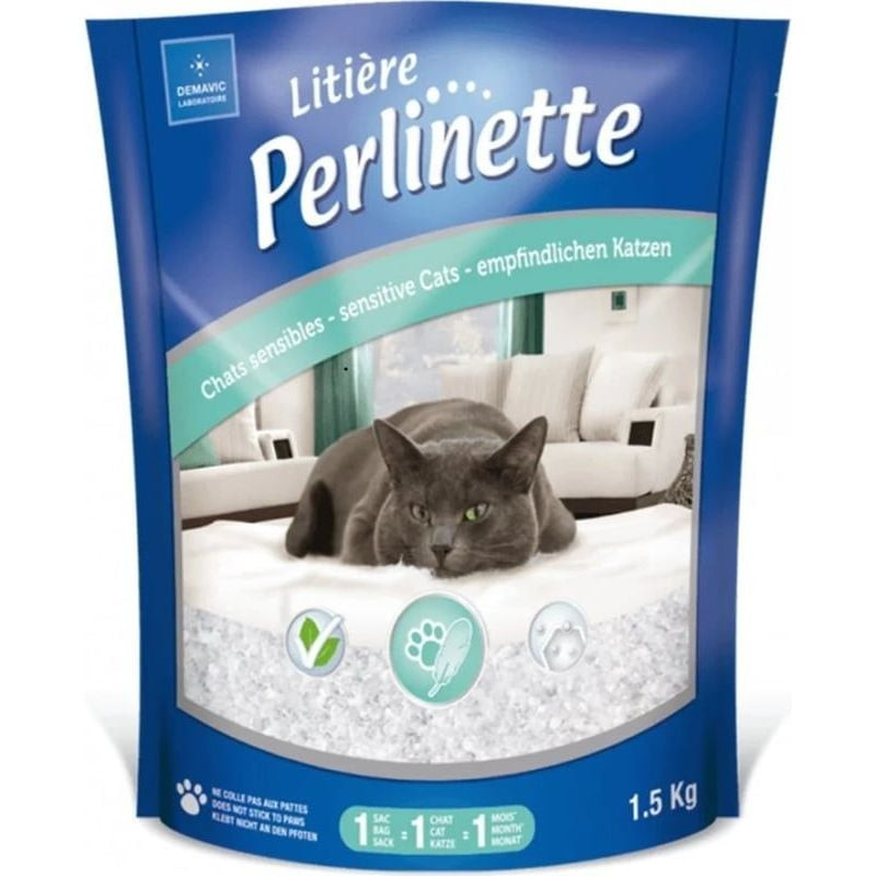 Packshot litière silice Perlinette Chat Sensible 1,5 kg : design du sachet et avantages.