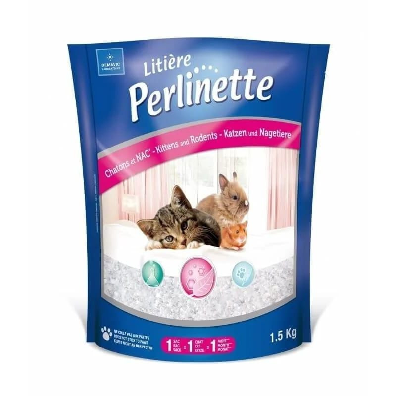 Packshot de la litière en silice micro-granulés Perlinette pour chatons et petits animaux en sac de 
