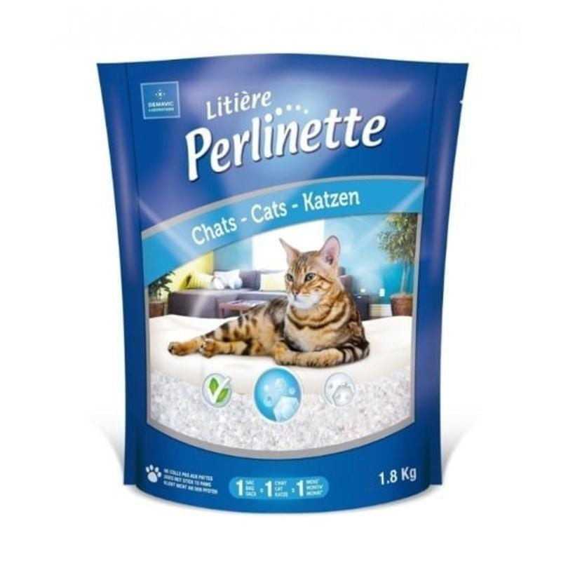 Packshot du sac de litière silice Perlinette 1967320 montrant des cristaux transparents et les carac
