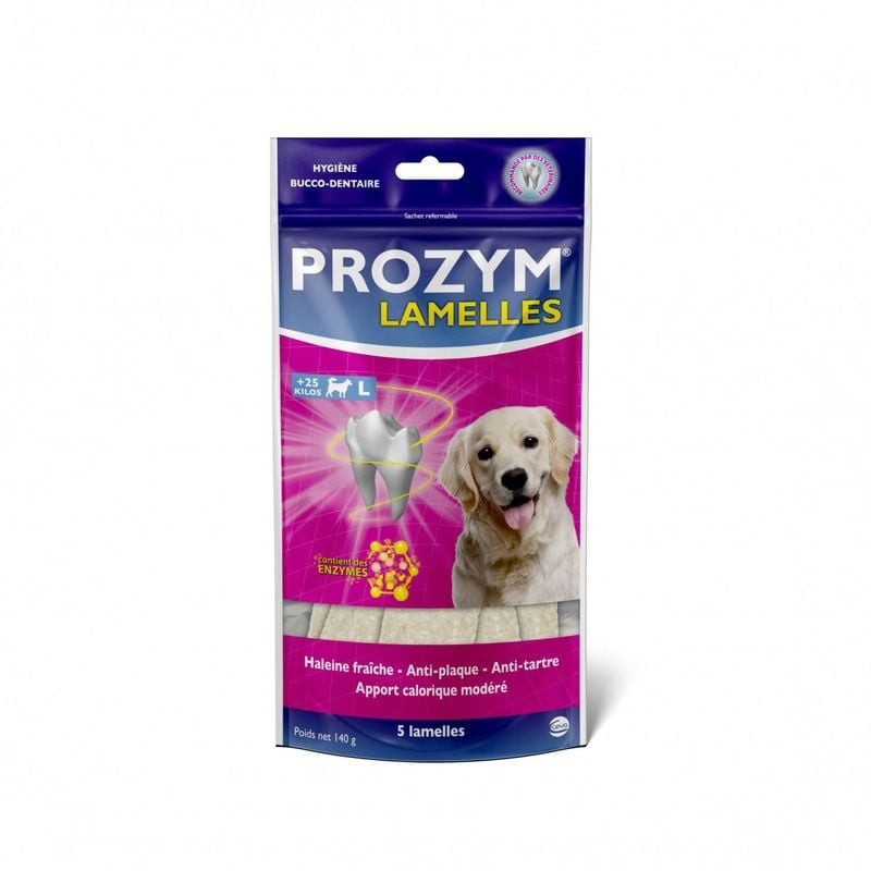 Packshot des lamelles anti-tartre PROZYM 1967433 pour grands chiens, montrant l'emballage et les lam