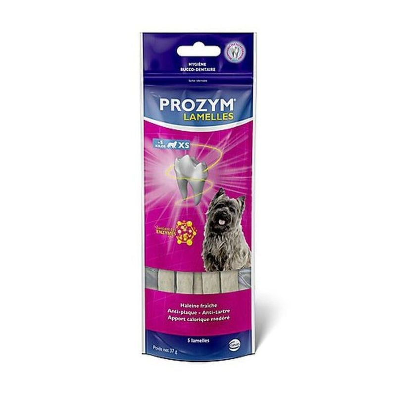 Lamelles dentaires PROZYM XS pour petits chiens, 5 pièces, peau de bœuf avec enrobage enzymatique et