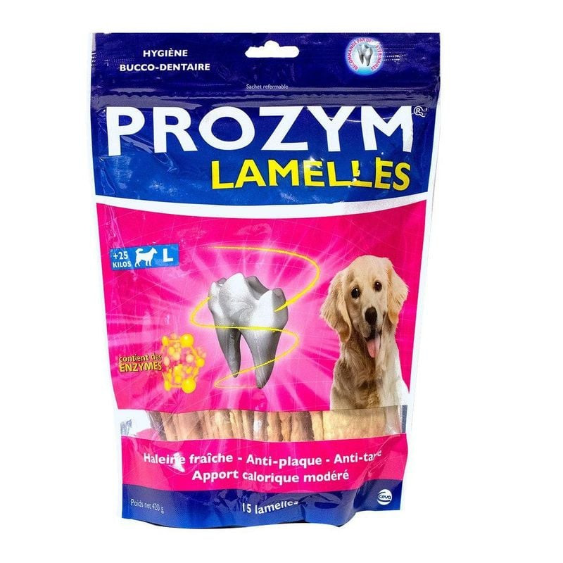 Packshot des lamelles anti-tartre Prozym pour grands chiens, montrant l'emballage du produit avec un