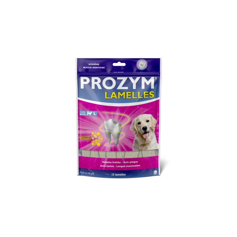Packshot des lamelles anti-tartre Prozym pour chien taille L x15, boîte de 15 lamelles à mâcher pour