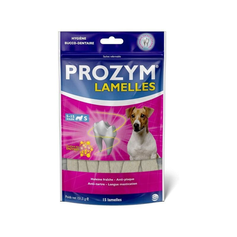 Packshot des lamelles dentaires PROZYM S pour chiens de 5 à 15 kg, lamelles de peau de bœuf avec enr