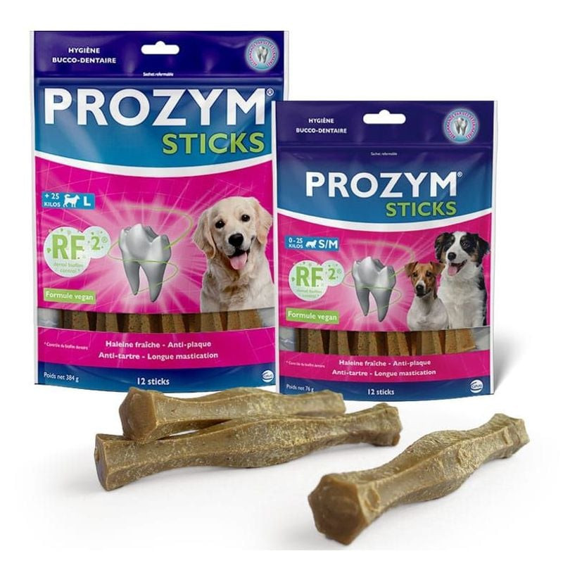 Bâtonnets dentaires Prozym RF2 pour grands chiens, photo de l'emballage montrant le paquet et les bâ